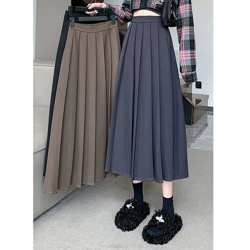Temperament Autumn New Suit Skirts Women Solid Elastic High Waist Pleated Fashion Office Lady A-line Mid-length Pleated Skirt voguable