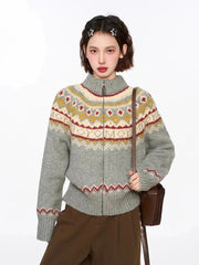 Vintage Harajuku Print Cardigan Sweaters Women Soft Streetwear Long Sleeve Knitted Jacket Retro American Casual Zipper Gray Tops voguable