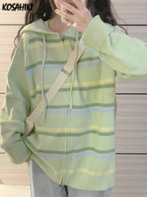 Y2k Aesthetic Stripe Hoodes Cardigans Double Zipper Women Casual Knitwear Harajuku Ladies Jacket Vintage Loose Grunge Sweater voguable