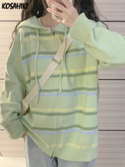 Y2k Aesthetic Stripe Hoodes Cardigans Double Zipper Women Casual Knitwear Harajuku Ladies Jacket Vintage Loose Grunge Sweater voguable