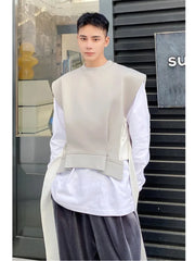 Voguable Pleated Ribbon Patchwork Design Fashion New Sleeveless Vests Original Personality Trendy Men High Street Waistcoat voguable
