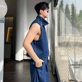 Voguable 2024 Spring Trendy High Street Stand Neck Sleeveless Vest Korean Loose Straight Jeans Men's Two-piece Sets Denim voguable