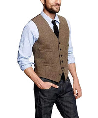 Men's Classic Vest Single Breasted Slim Fit Vintage Modern Waistcoat Casual Gilet Herringbone Wedding voguable