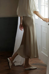 Silk Satin Skirts for Women Korean Style Champagne Office High Waist A- line Skirt Fashion Elegant Solid Long Pencil Skirt 2024 voguable