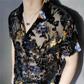 Colorful Flowers Pattern Velvet Shirt Men Transparent Short Sleeve Sexy Shirt Social Club Outfits Party Men Designer Shirt voguable