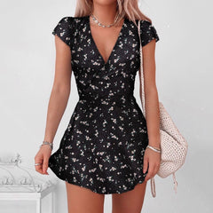 Women Dresses Summer Sexy V Neck Floral Print Boho Beach Dress Ladies Short Sleeve A Line Mini Dress Sundress Robe voguable