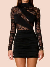 Voguable Sexy Sheer See Through Black Lace Dress for Women Spring Fashion Turtleneck Long Sleeve Retro Party Prom Dresses Bodycon voguable