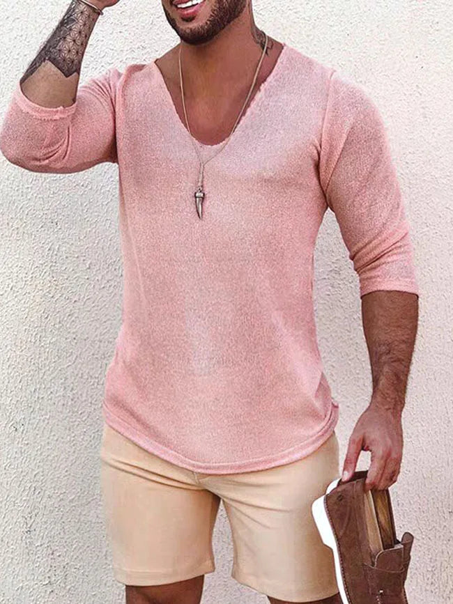 Voguable Lightweight Breathable Loose Long Sve U-Ne Hollow out Knitted T-irt for Men Made of Linen Ice Silk Trendy Summer Top voguable