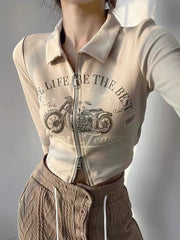 Voguable Streetwear Sexy Crop Moto T Shirts Women Vintage Slim Back Lace Up Tops American Harajuku Letter Double Zipper Spring Tees voguable