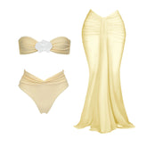 3Pcs Sexy Bikini Set Women Swimsuit 2025 Swimwear Female Yellow Bandeau Biquini Mesh Skirt Bathing Suit Summer Beach Outfits voguable