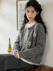 Elegant Floral Gray Cardigan Women Lazy Wind Long Sleeve Sweet Knitted Sweaters Vintage Japan Casual O Neck Female Retro Tops voguable
