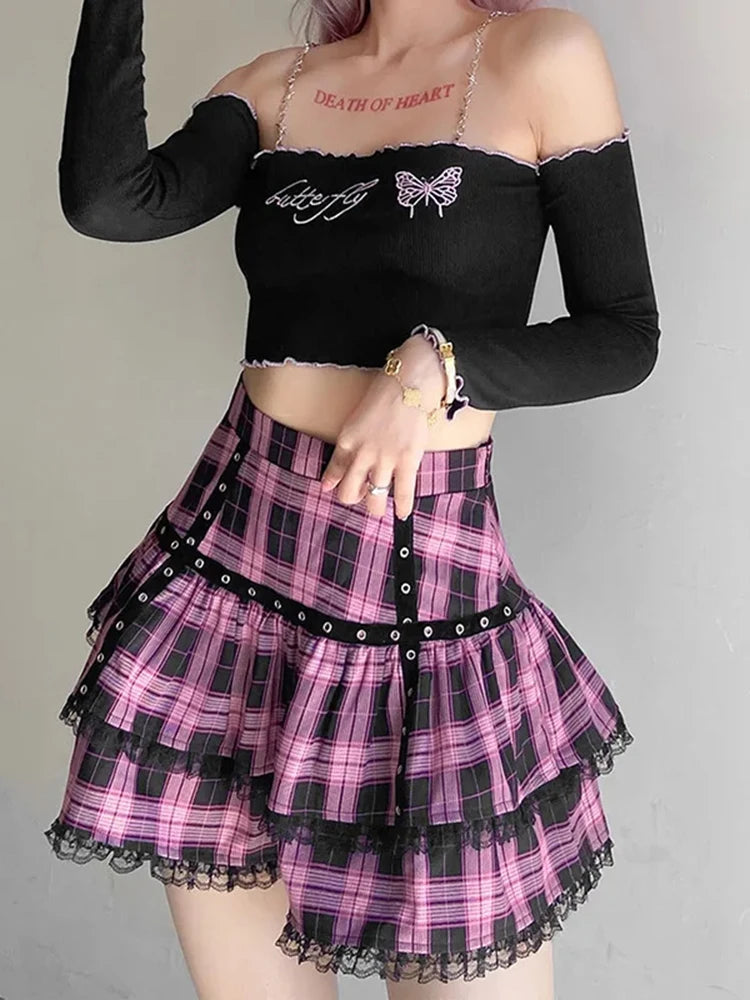 Mall Goth Gothic Lace Ruffle Mini Skirts Womens Harajuku Fairy Grunge Pink Plaid Pleated Skirt Japanese Lolita Streetwear voguable