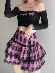 Mall Goth Gothic Lace Ruffle Mini Skirts Womens Harajuku Fairy Grunge Pink Plaid Pleated Skirt Japanese Lolita Streetwear voguable