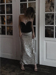 Silver Sequins Long Skirt For Women Summer High Wasit Slim Skirts Femme Sexy Crop Tops Party Flash Faldas Ajustadas Woman voguable