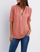 Summer Women Cool Loose Shirt Deep V Neck Chiffon Blouse Casual Ladies Tops Sexy Zipper Pullover Plus Size Long Sleeve Fashion voguable