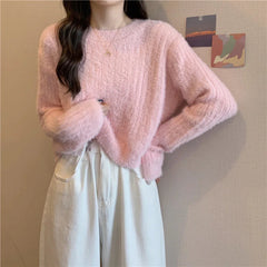 Fuzzy Knit Top Women Pullover Long Sleeve Plain Crop Sweate Pink Fluffy Jumper for Women Teen-girl Fall Winter Y2K Outfit voguable
