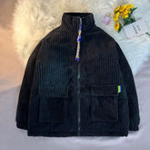 Men's Cotton Padded Jacket Winter Corduroy Padded Jackets Female Loose Stand-up Collar Thickened Warm Zipper Solid Color Coats voguable