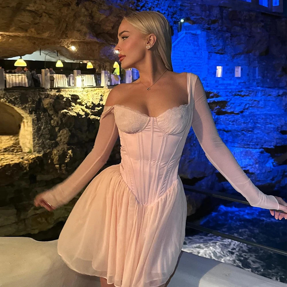 Autumn Mesh Pink Long Sleeve Dress A Line Bodycon Birthday Party Dress Mini Holiday Vacation Dress Women 2023 High Quality voguable