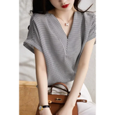 Voguable Women's V-Neck Short Sleeve Striped Blouse Rolled Cuff Loose Fit Casual Daily Top voguable