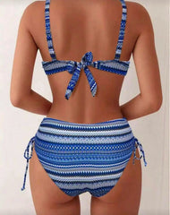 Voguable Strappy Drawstring High Waist Bikini Women Stripe Swimwear Female Sexy Swimsuit Bather Bathing Swimming Swim Suit Beachwear voguable