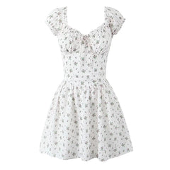 French Style Floral Print Dress Women Sexy V Neck Short Sleeve A-line Mini Summer Dresses Casual Holiday Robe