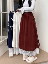 Voguable Corduroy Split Long Skirt Women Vintage Lace Patchwork Bandage Korean Skirts High Waist Solid A Line Loose Casual Elegant Skirt voguable