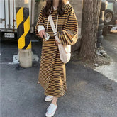 Voguable Hoodie Women Autumn Winter Korean High Street Cootrast Color Hoodies Drawstring Striped Long Sleeve Loose Thermal Long Dress voguable