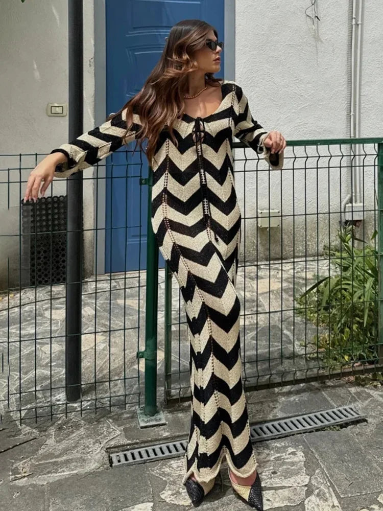 Autumn New Lace Up Hollow Sexy Beach Cover Up Dress Women's Stripled Long Sleeve Slim Elegant Knitted Maxi Dress V Neck voguable