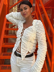 Autumn Fashion Ruffled T-shirt Cropped Top Female Hollow Out Lace-Up Patchwork Loose Outwear White Women Bandage Tee Coat voguable