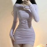 Voguable Sexy Purple Long Sleeve Women's Bodycon Dress Elegant Autumn Winter Fashion Waist Hip Wrap Mini Knitted Dress Female Clothing voguable