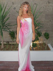 Mesh Floral Print Sexy Maxi Dress For Women Gown Off-shoulder Strapless Sleeveless Backless Bodycon Club Long Dress voguable