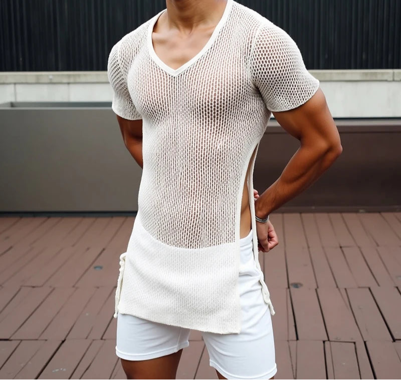 Men T Shirt Hollow Out Transparent V Neck Short Sleeve Male Tee Tops Solid Color Hollow Out Split Camisetas Streetwear voguable