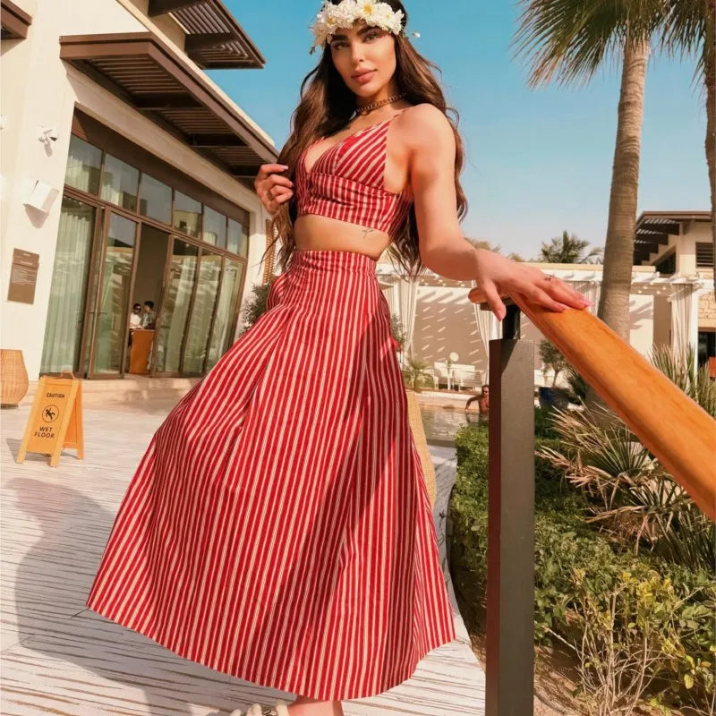 Stripe Bras And Pleat Skirt Sets Sexy Casual Boho Crop Top + Skirts Two Piece Set Vacation Woman Clothing 2025 New Summer Suit voguable