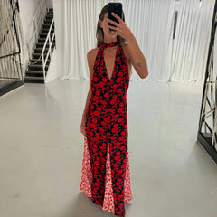Voguable Women's Floral Maxi Dress Halter Tie Deep V Polka Dot Sexy Backless Patchwork Contrast Slim A-Line Long Dress Partywear voguable