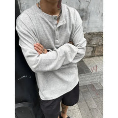 Large Size Men Clothing Textured Pleated Oversized T Shirt Men Button Placket Pullover Henley Collar Loose Long Sleeve T Shirts voguable