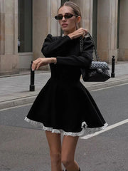 Splice Lace Mini Dress For Women High Waist Slim Elegant Dresses Femme Wedding Retro Temperament Dress Womens Clothes New voguable