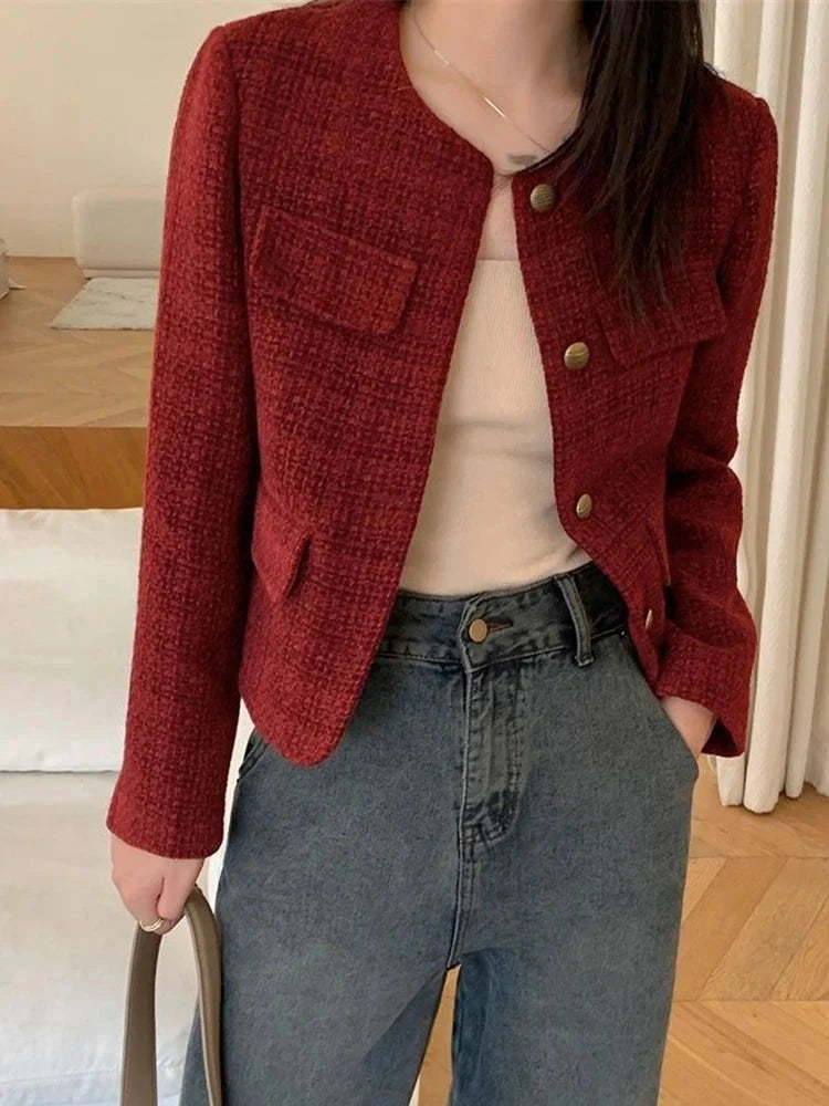 Zoki Women Slim Vintage Jacket Fall Winter Long Sleeve Sweet Elegant Coat French Casual Female O Neck Single Breasted Retro Tops voguable