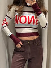 Voguable Ski Wear Knit Short Sweater Women Letter Contrast Color Snow O-neck Long Sleeve Female Pullover Spring Street Striped Top voguable