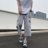 Summer Casual Pants Men Fashion Pocket Cargo Pants Men Japanese Streetwear Hip-hop Loose Wide Leg Pants Mens Cropped Pants voguable