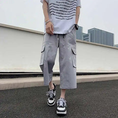 Summer Casual Pants Men Fashion Pocket Cargo Pants Men Japanese Streetwear Hip-hop Loose Wide Leg Pants Mens Cropped Pants voguable