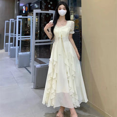 Voguable French Square Collar Ruffled Fairy Apricot Dress Women Summer Slimming Belly Covering Seaside Holiday Chiffon Long Dresses voguable