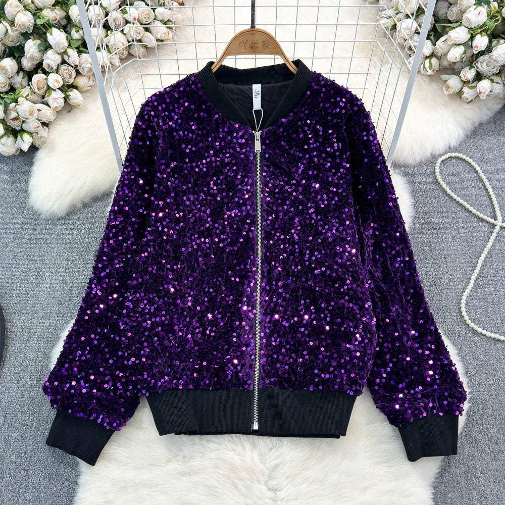 Voguable Spring Autumn Loose Jacket Long Sleeved Casual Fashion Baseball Sequin Women Coats voguable