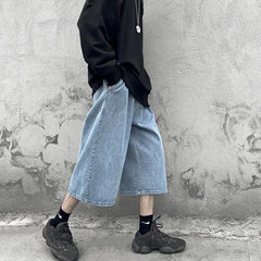 Voguable Men Loose and Versatile Straight Denim Men's Season Thin Wide-leg Cropped Pants voguable