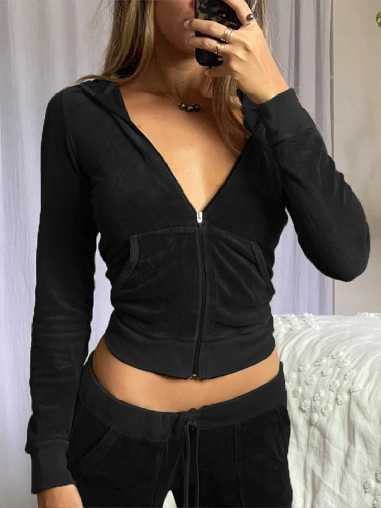 Voguable Two Piece Set Velvet Women'S Tracksuit Autumn Hooded Jacket and Sweatpants Outfits Y2K Aesthetic Slim Tops Fairy Grunge voguable