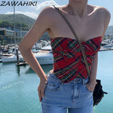 Tank Top Women American Retro Strapless Tube Slim Y2K Aesthetic Zipper Designed Fashion Vintage Plaid Patchworl Streetwear voguable