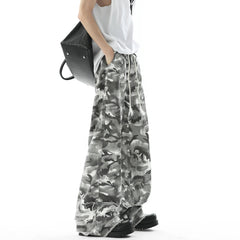 Men Camouflage Loose Fit Jeans Elastic Drawstring Waist Frayed Hem Streetwear Trendy Comfortable Stylish Denim Urban Fashion voguable