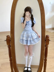 Voguable 2024 Summer Lolita Kawaii Suit Woman Lace Sweet Plaid Set Casual Short Tops Princess Party Y2k Mini Skirt Fashion Clothing Chic voguable