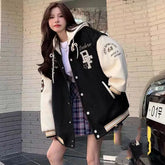American Retro Preppy Style Baseball Jacket Plush Thick Blazers Women Autumn Winter New Student Harajuku Cardigans Hooded Coat voguable