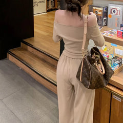 Voguable Autumn New Streetwear Sexy Backless Irregular Long-sleeved T-shirt Women + Loose Casual Wide-leg Pants Two-piece Suit voguable