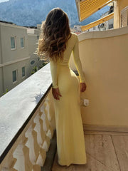 Voguable Women's Elegant Romantic Sunset Date Night Valentine's Day Sweet Fitted Lace Mesh Maxi Butter Yellow long sleeves Dress voguable